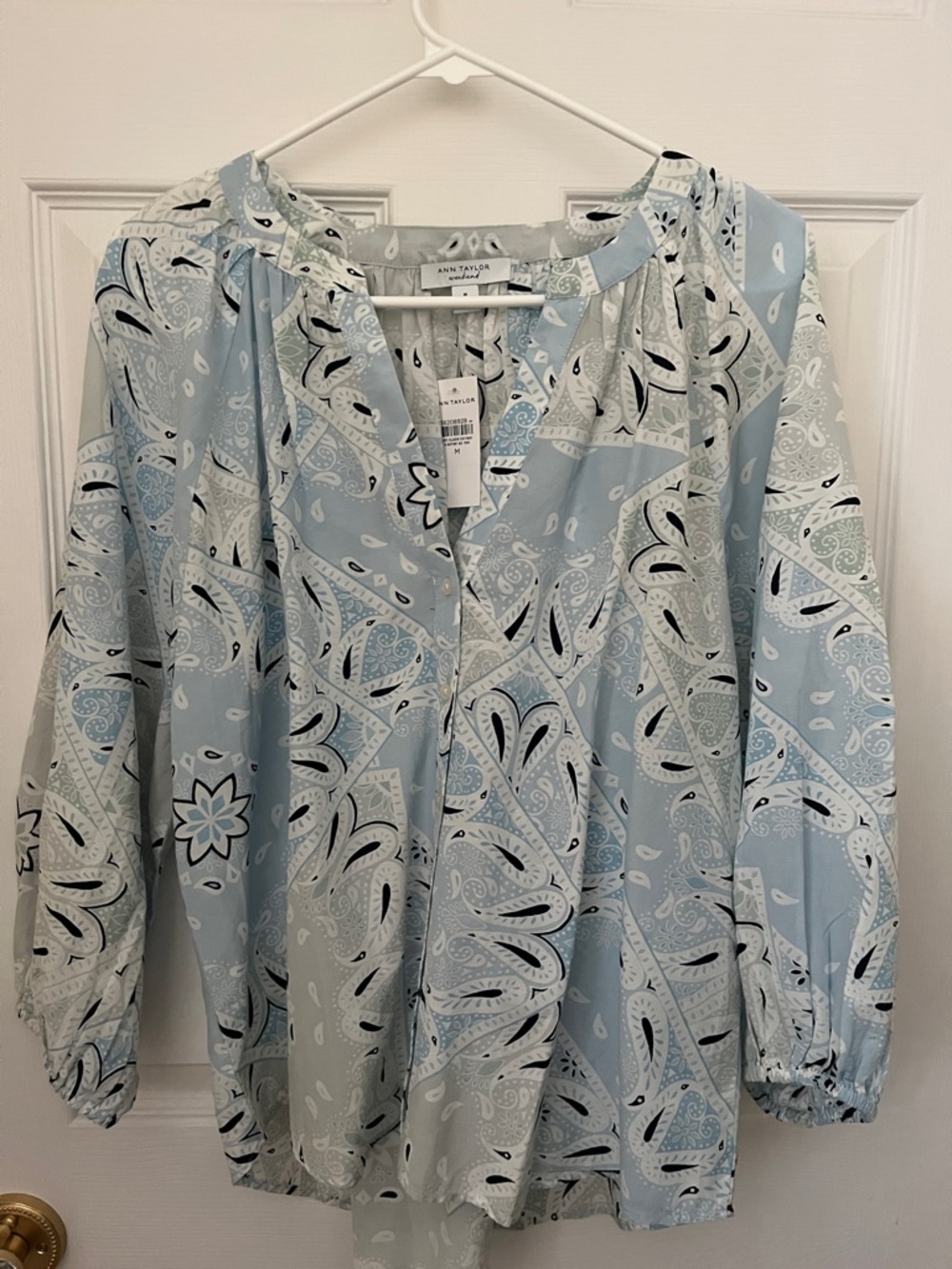 Ann Taylor Light Blue and White Paisley Button-Front Blouse